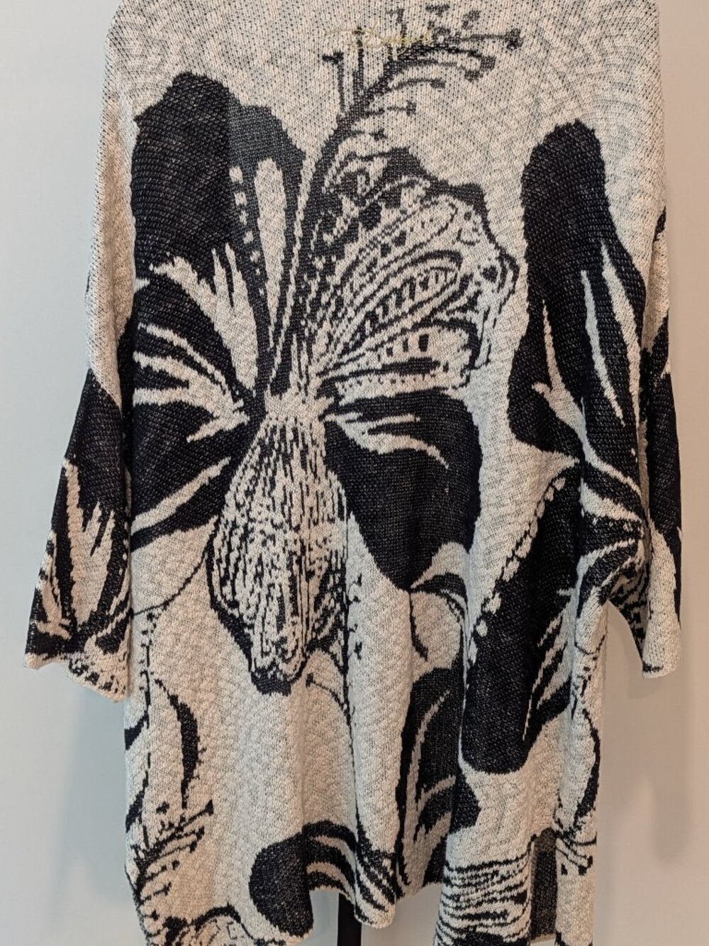 Desigual Abstract Floral Print Open Cardigan Knit Black Cream Gold Detail